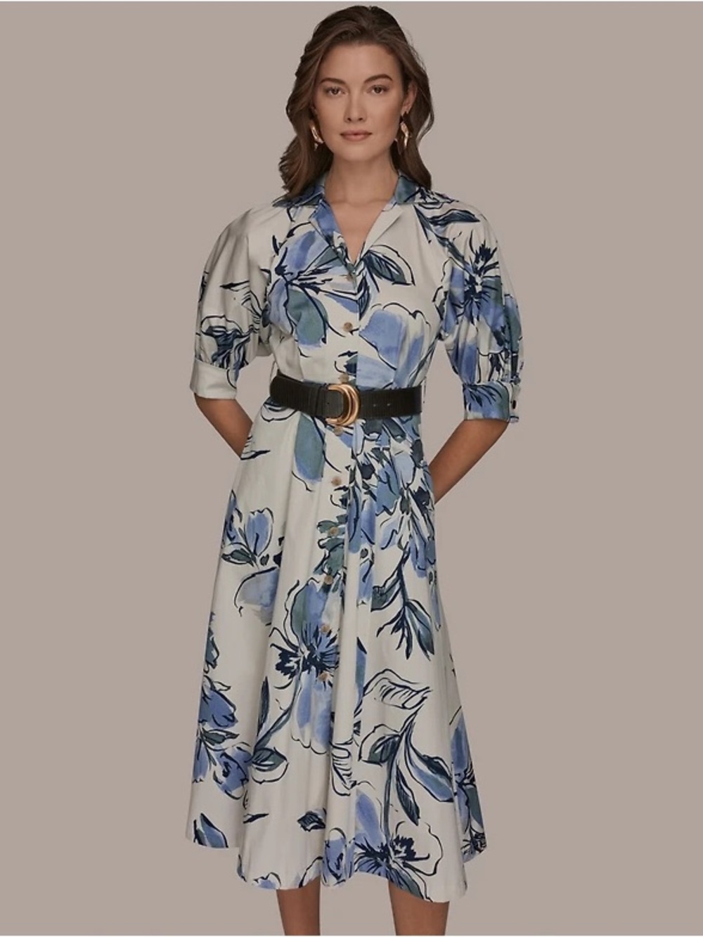 NWT Donna Karan New York Women's Spread Collar Floral Midi Shirt Dress Sz 10 - Picture 2 of 10